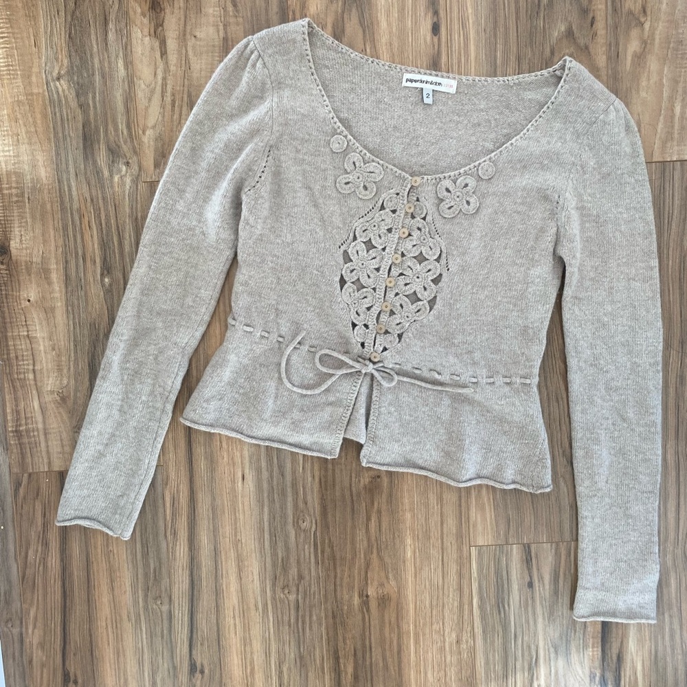 Paper Denim & Cloth Beige Crochet Trim Peplum Cardigan